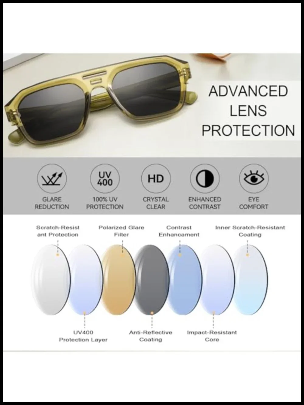 Retro Chunky Square Aviator Sunglasses with Double Beam UV400 Protection